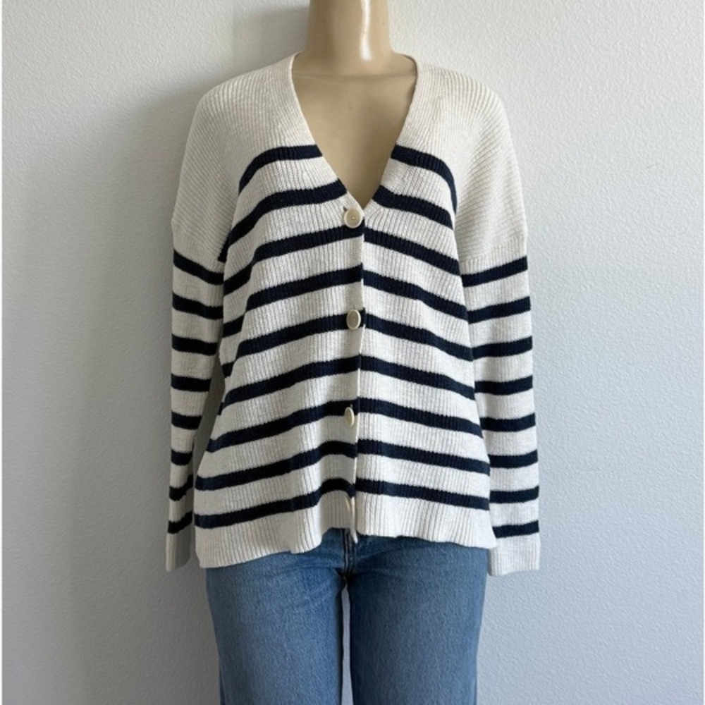Madewell Ribbed‎ Cardigan Small White Navy Blue Nautical Striped Knit Sweater - Picture 2 of 8